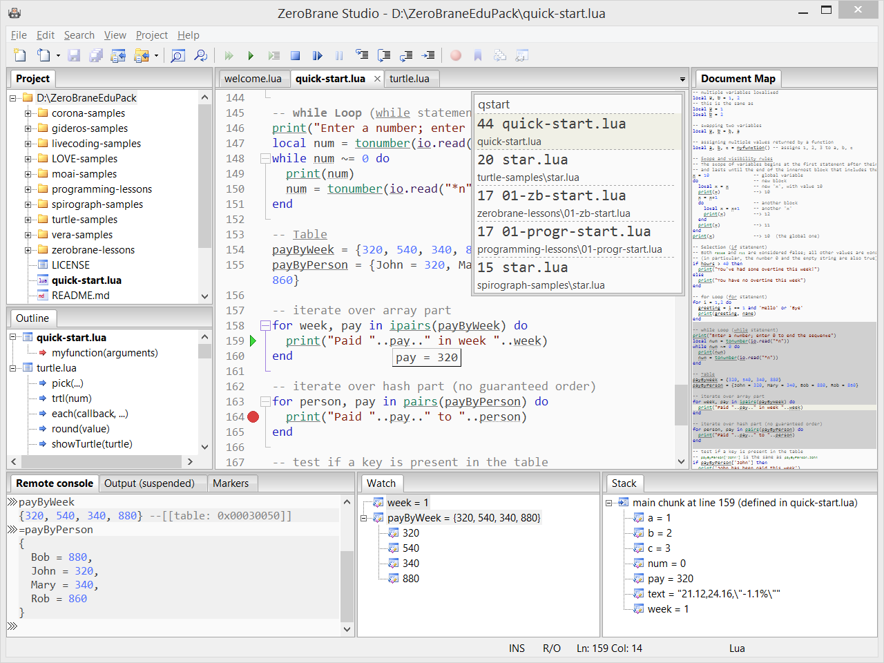 ZeroBrane Studio debugger screenshot